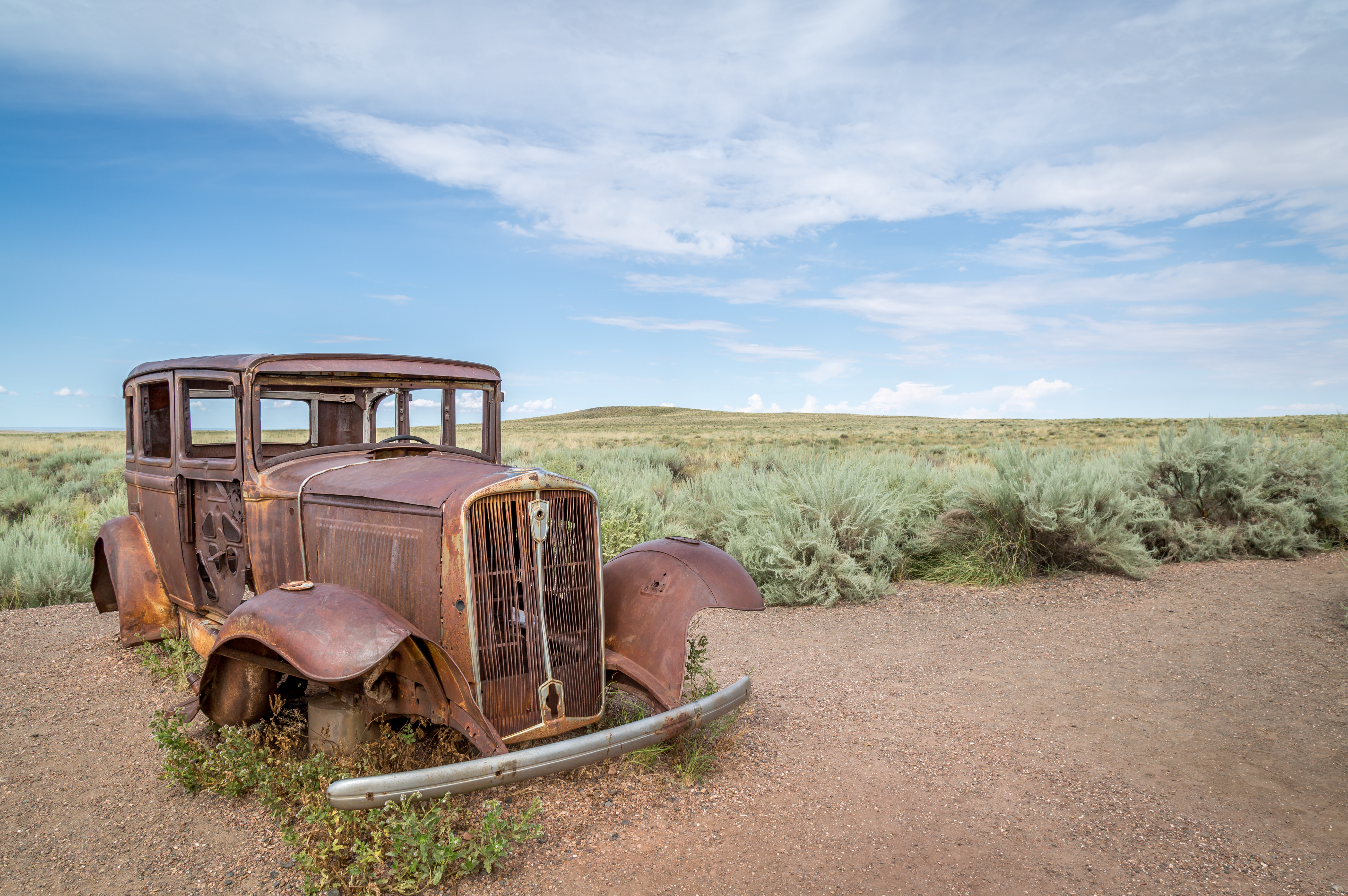 Classic Old Car decays in a meadow.